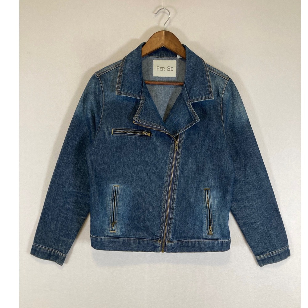 Moto Biker Per Se‎ Womens Medium Blue Denim Asymmetrical Zip Jacket 97-2893